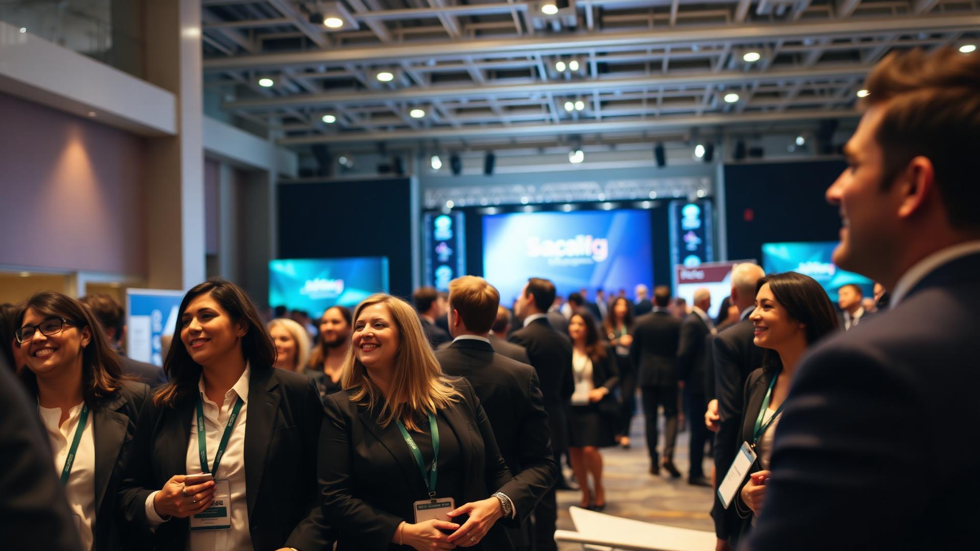 Participantes de um congresso corporativo interagindo e sorrindo em um centro de convenções