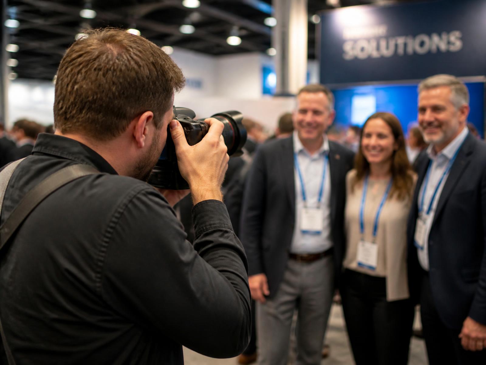 Fotógrafo profissional fotografando participantes durante um evento corporativo