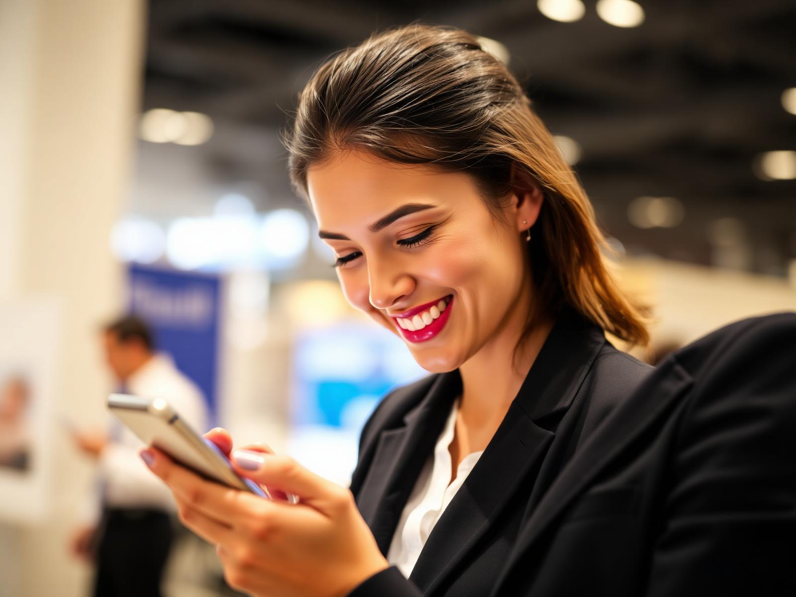 Profissional sorrindo ao ver suas fotos do evento corporativo no celular